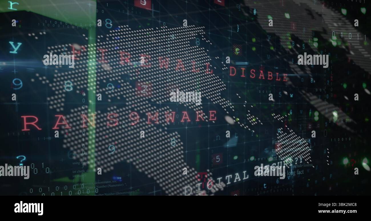 Displaying dot matrix world map streaming red ransomware alert in cyber ...