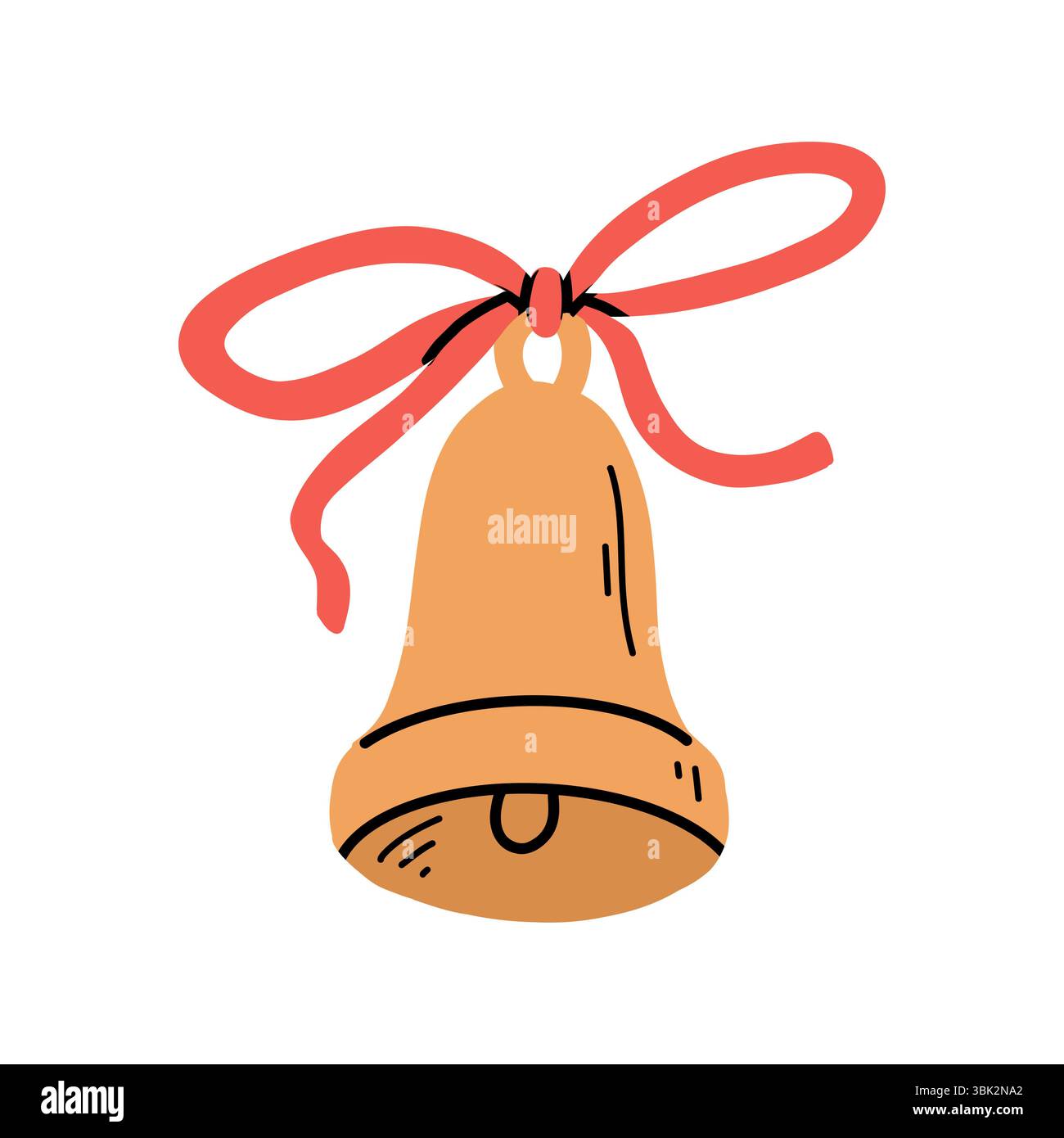 Hand Drawn Golden Bell with Red Bow  Stock Vector