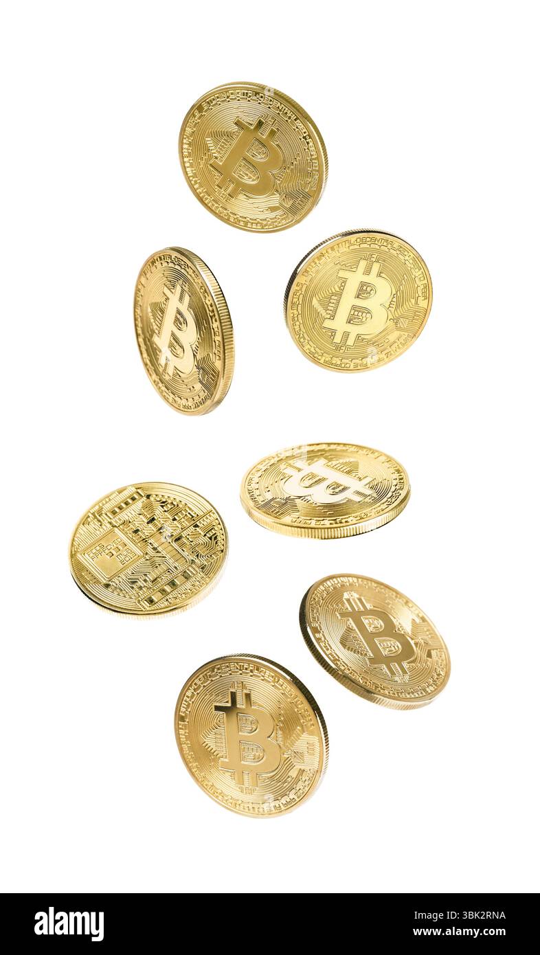 Cryptocurrency. Golden bitcoins falling on white background Stock Photo