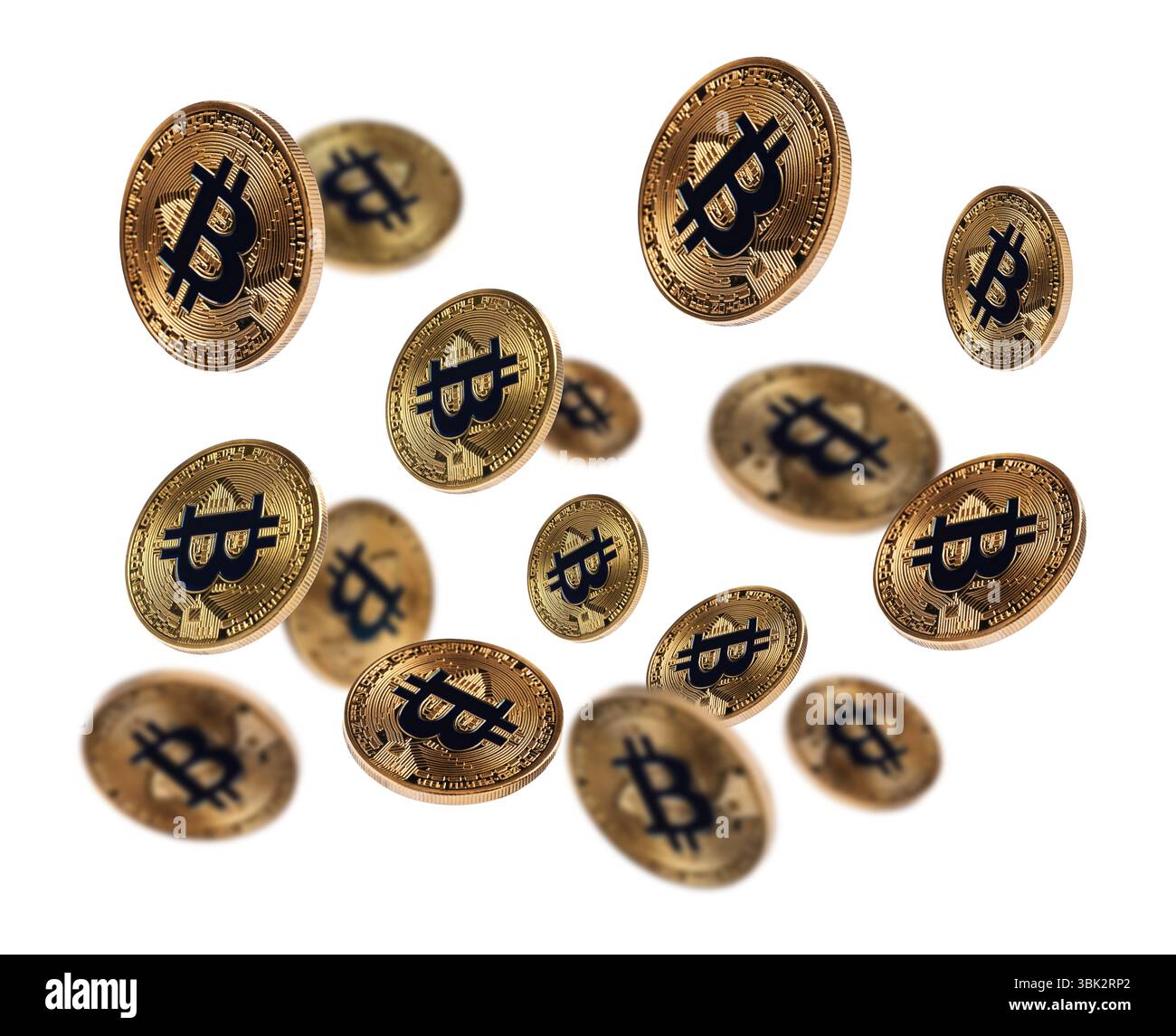Cryptocurrency. Golden bitcoins falling on white background Stock Photo