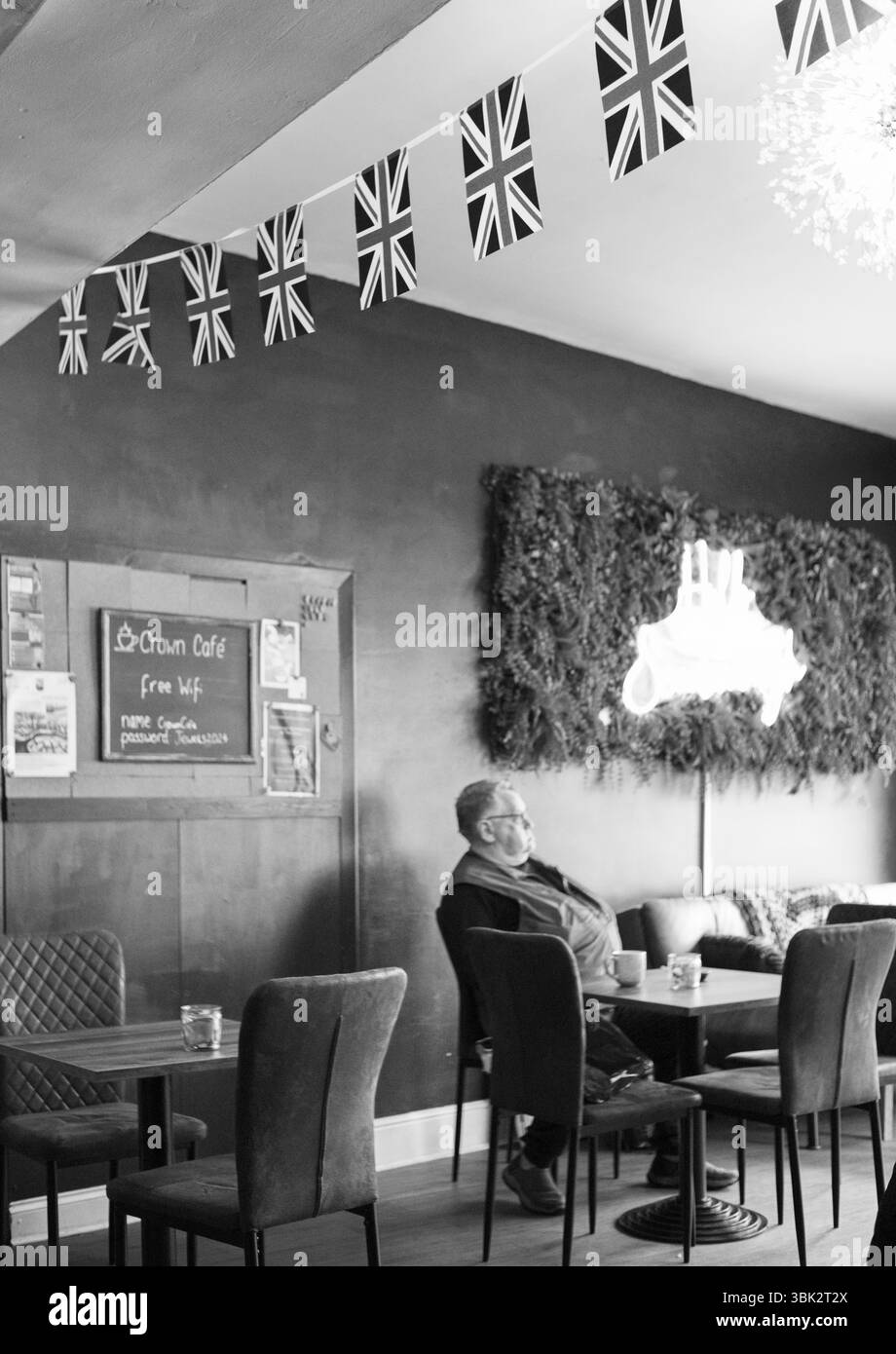In focus Union Jacks in a cafe in Scarborough Stock Photo