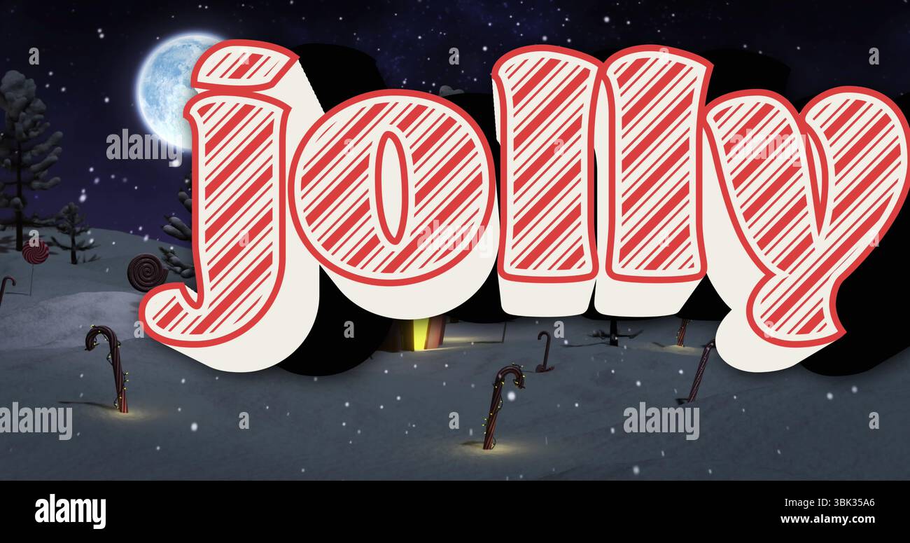 Slope Lettering Shining striped jolly lettering on snowy slope at night, with candy ...
