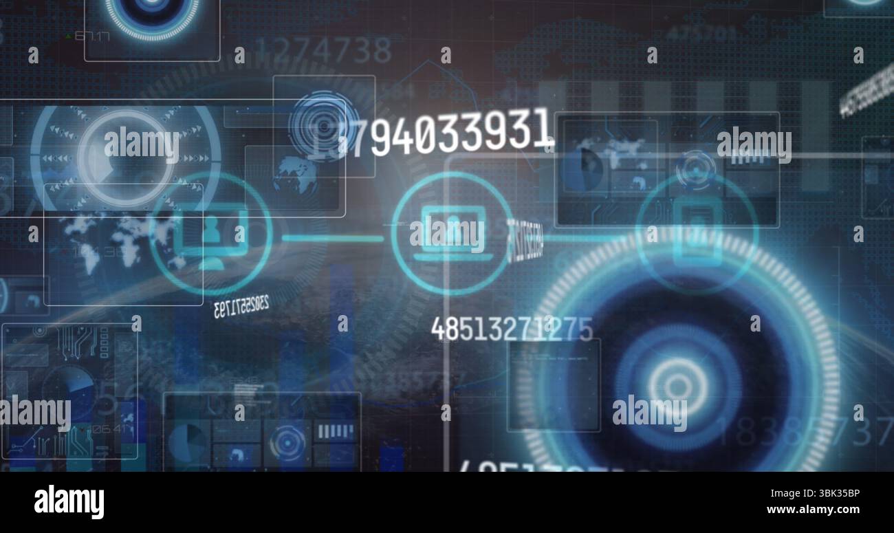 Displaying HUD pulsing on digital interface, with numeric IDs, world map, laptop icon, copy space Stock Photo