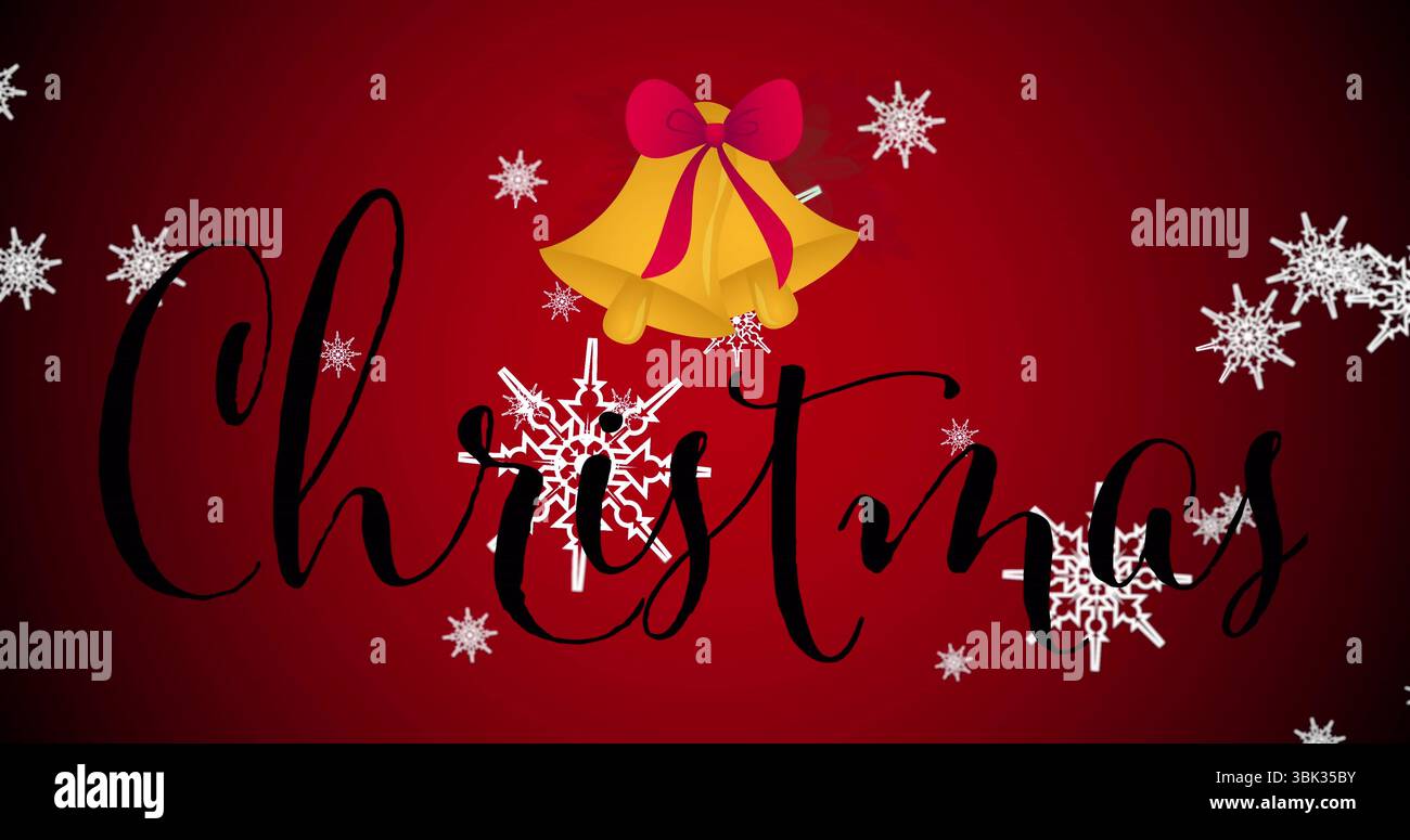 Glowing black Christmas script shining on red gradient backdrop, with golden bells and snowflakes Stock Photo