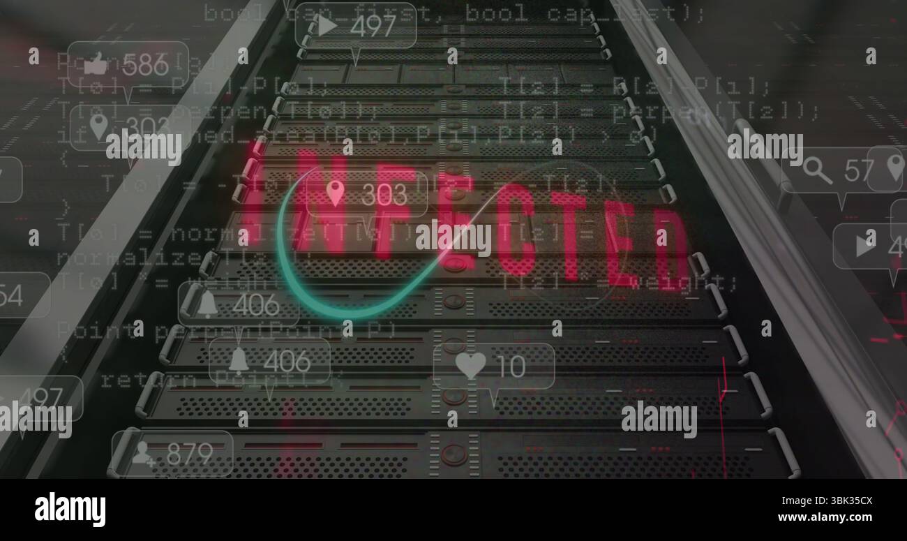 Displaying rack-mounted servers glowing with infected neon sign and ...