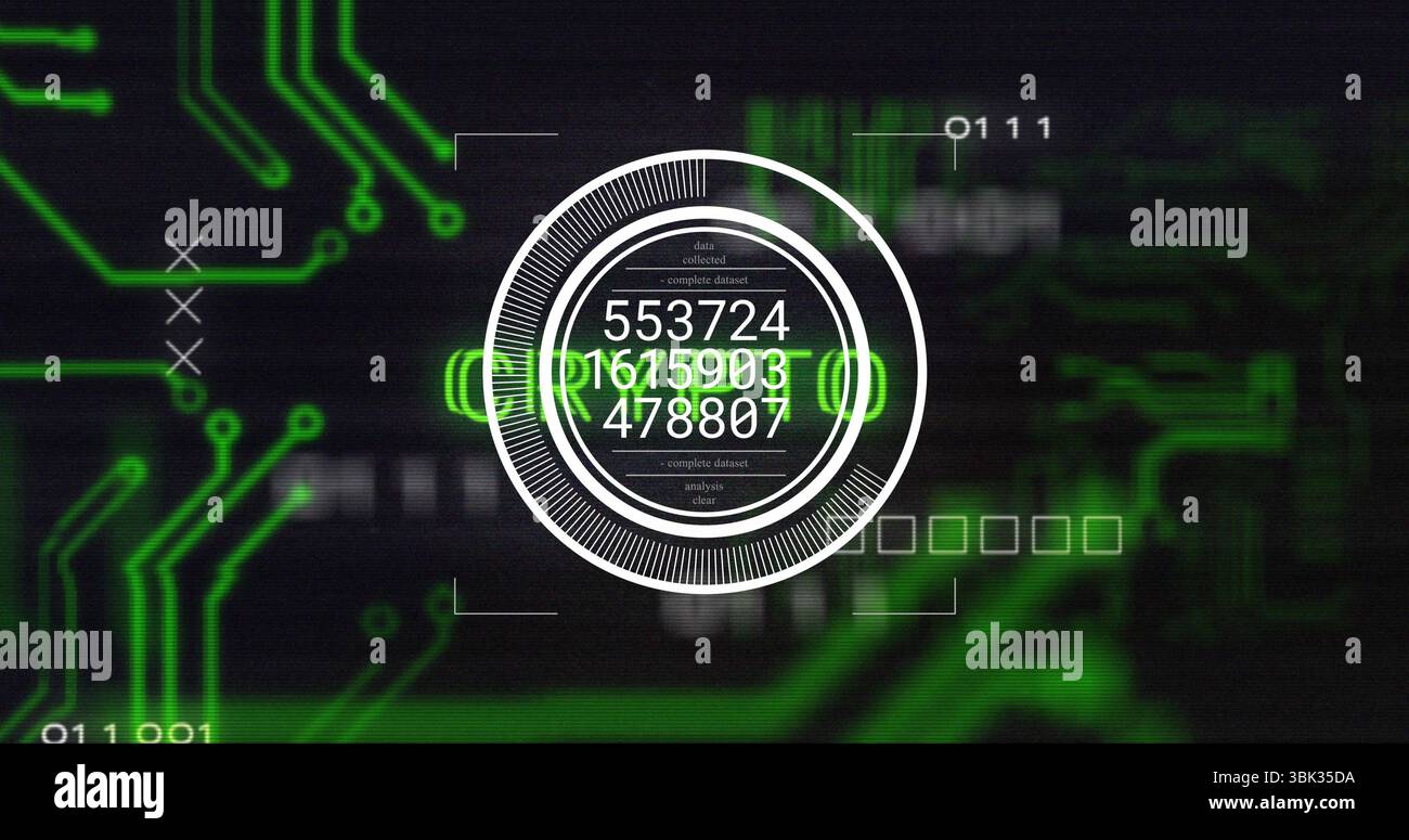Presenting central circular data interface at HUD, with numeric datasets, circuit and binary code Stock Photo