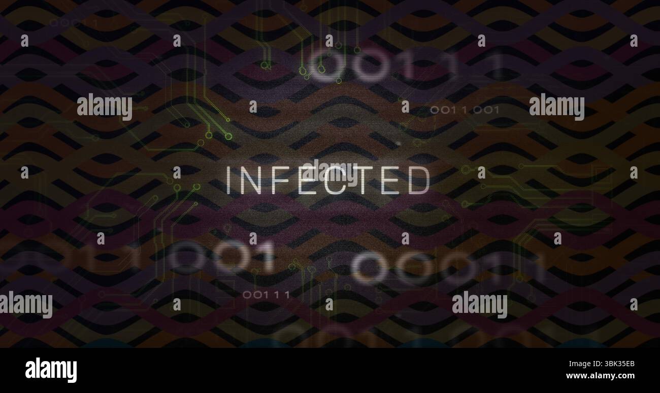 Displaying centered INFECTED text glowing over cyber interface, with green circuits, binary code Stock Photo