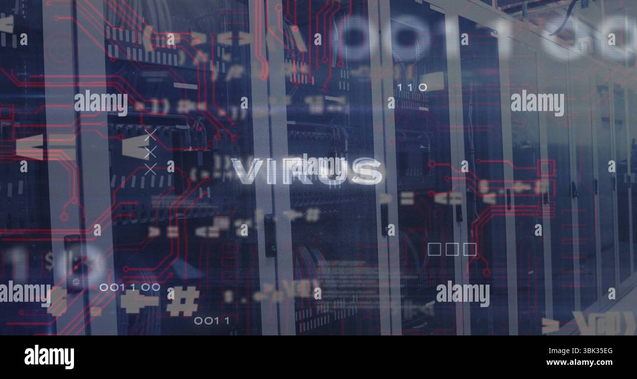 VIRUS text floating over server racks in data center, with circuit overlay, binary code and icons Stock Photo