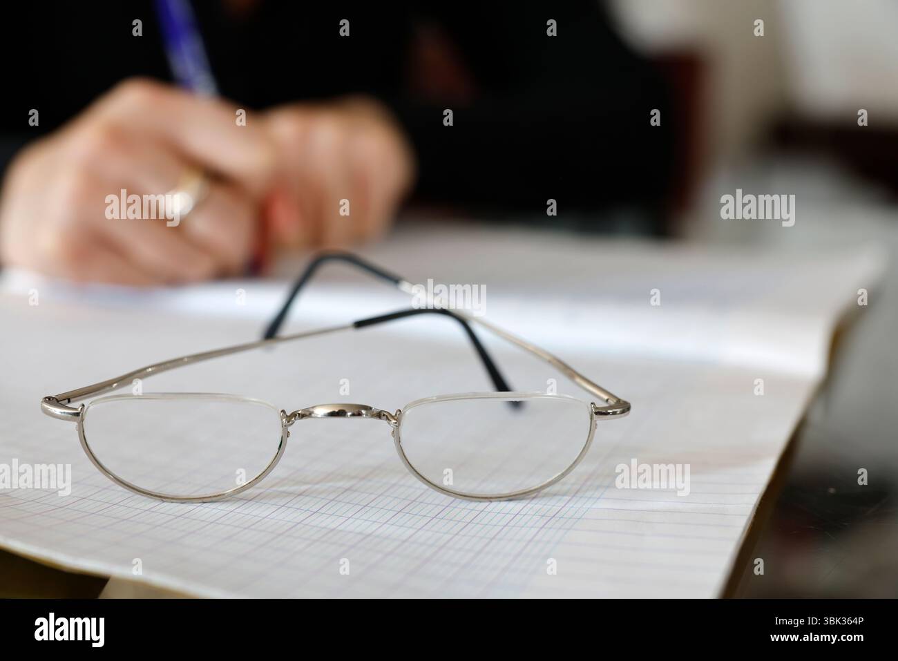 Young woman writing in a notebook. Homework. Stock Photo