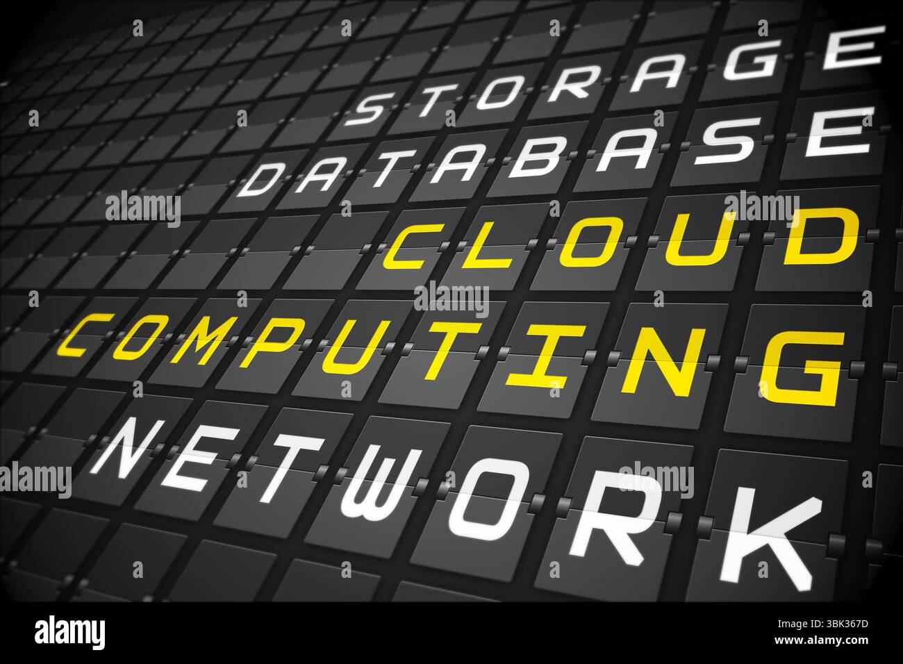 Digital grid panel is receding in dark 3D render, with glowing CLOUD COMPUTING labels Stock Photo