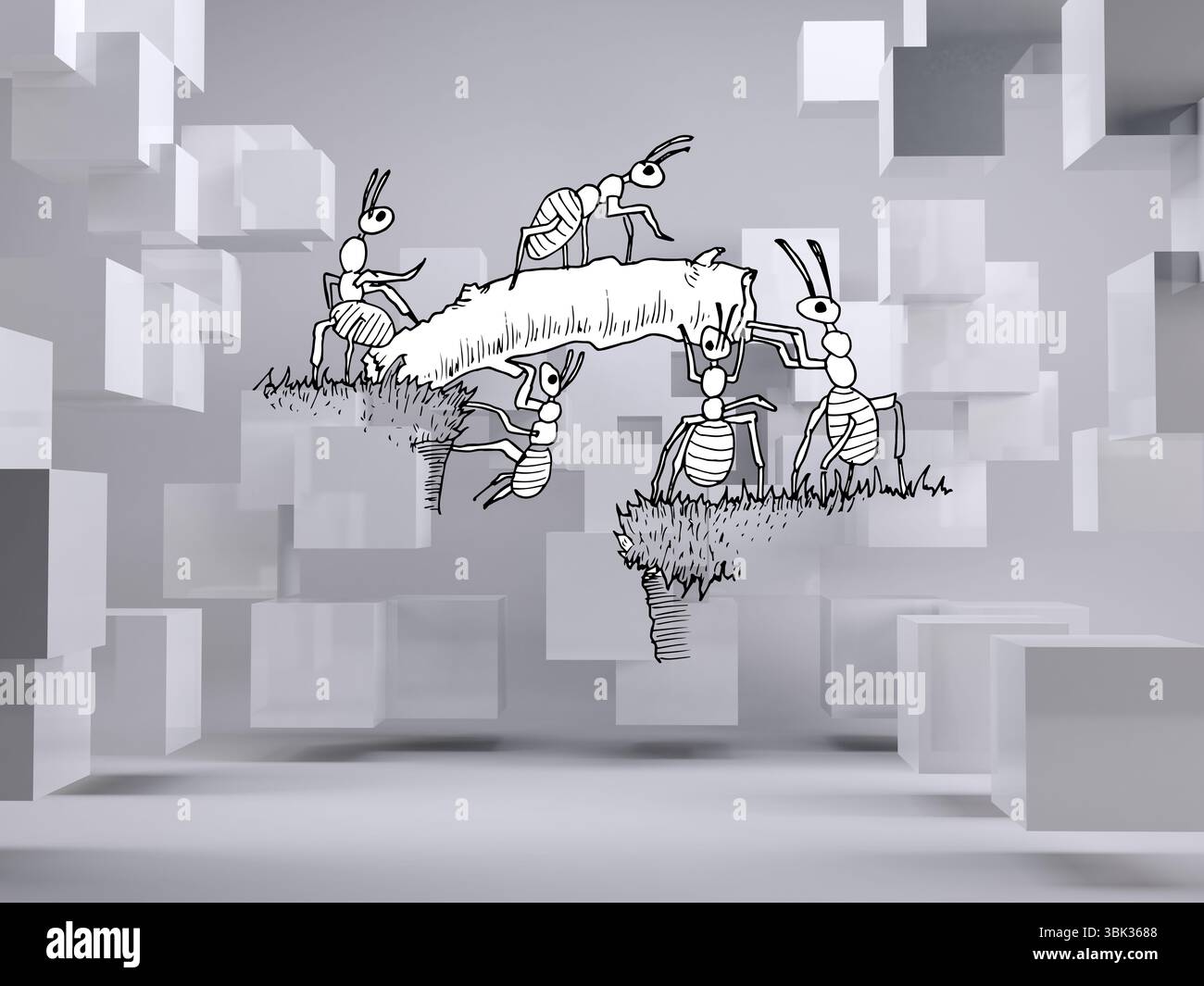 Cartoon ants are carrying wooden log across grassy ledges in surreal line art with floating cubes Stock Photo