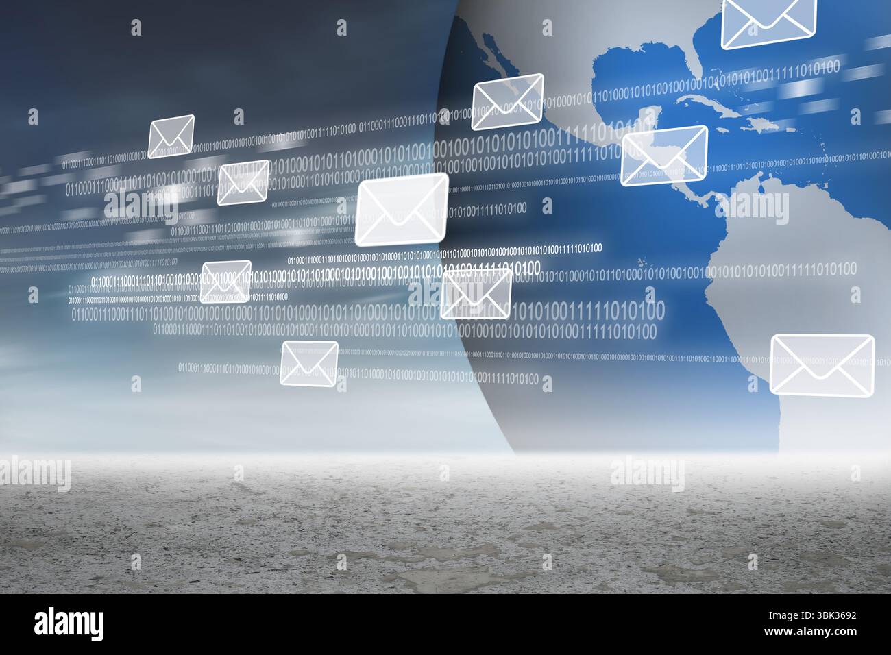 Envelope icons are streaming across flat abstract scene with binary code, globe over barren ground Stock Photo