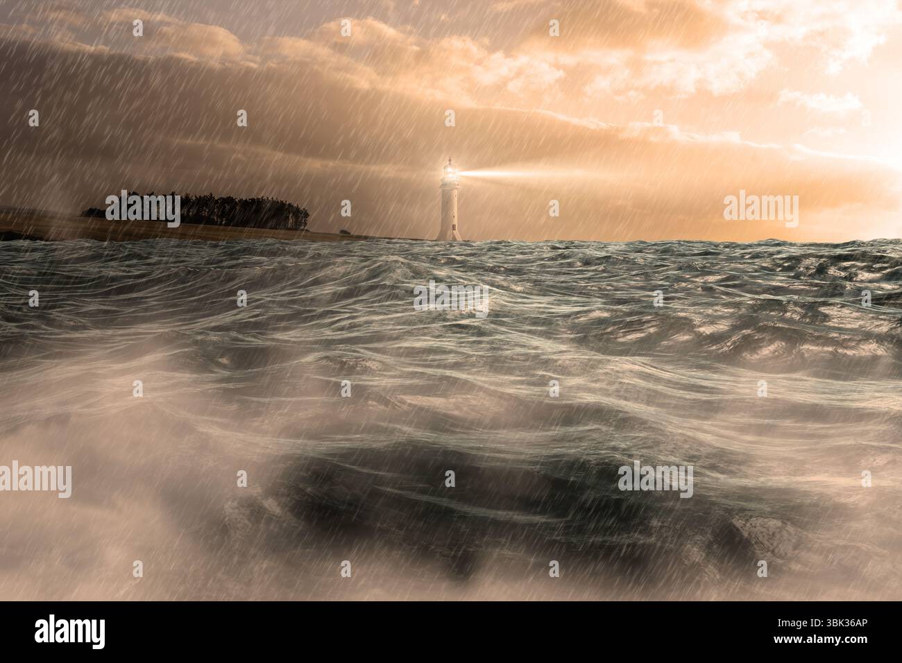 Flat art showing stormy sea with lighthouse beacon shining amid rain ...