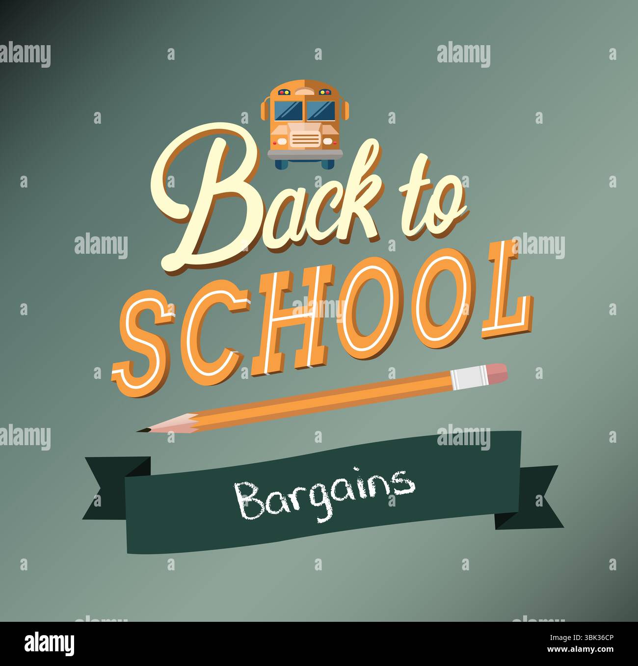 Showing retro Back to School design featuring bus icon, pencil, Bargains banner on green gradient Stock Photo