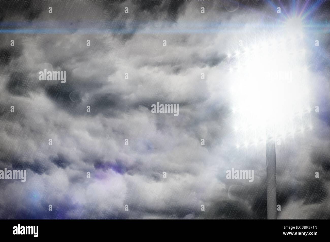 Floodlight tower is piercing storm clouds in vector illustration showing lens flares, rain streaks Stock Photo