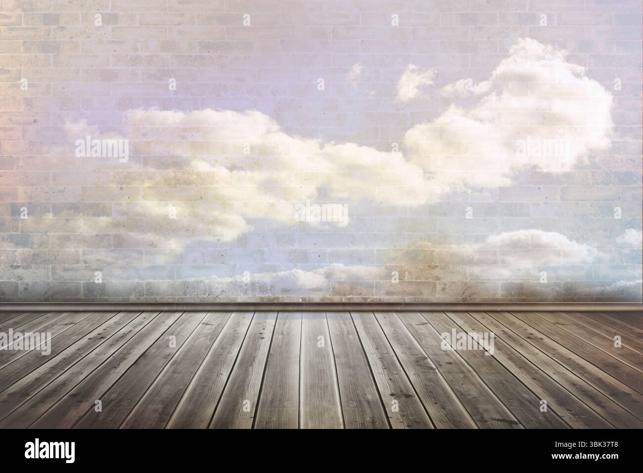 Empty interior space is showcasing flat design wood plank floor, cloud mural brick wall, baseboard Stock Photo
