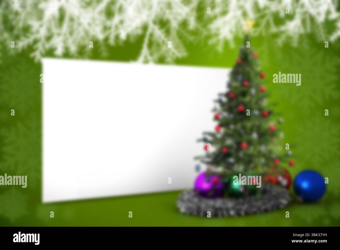 Flat design card is featuring blank white panel on left, Christmas tree on green snowflake backdrop Stock Photo