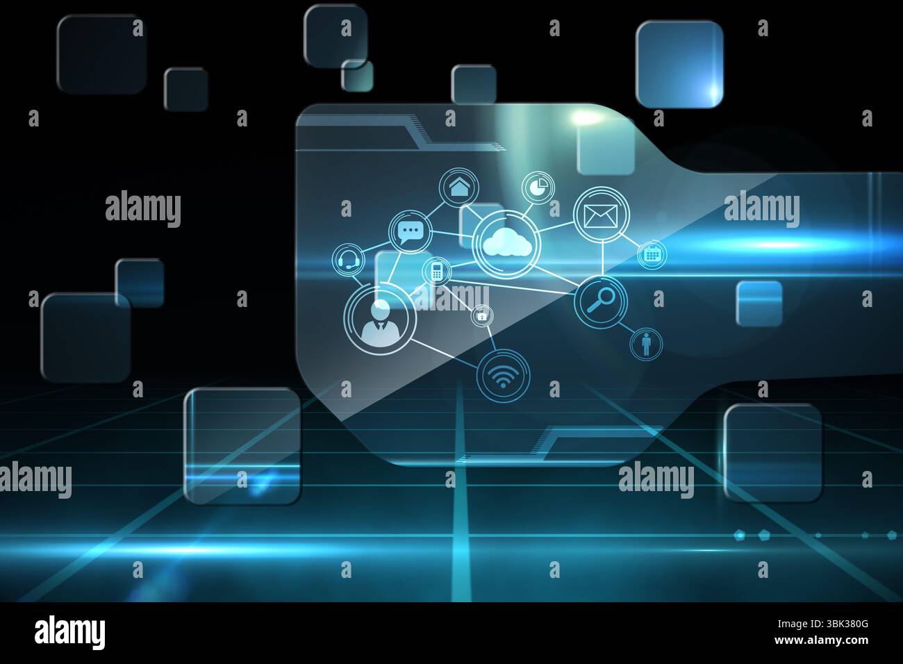Translucent hexagonal digital panel is floating above glowing grid in 3D render with network icons Stock Photo