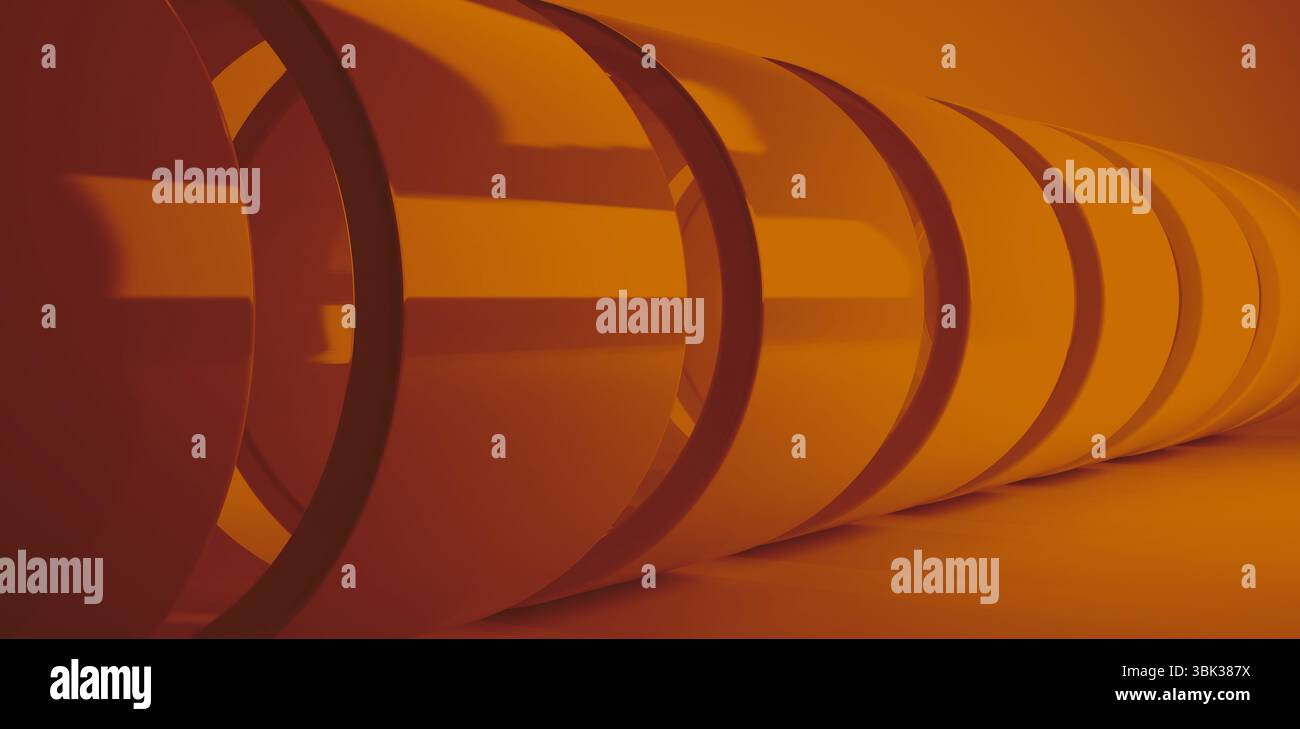 Row of metallic orange cylinders are receding into depth in 3D render with gradient shadows Stock Photo