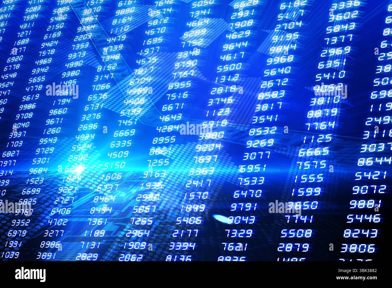 Scrolling numeric columns over blue grid in flat design, showing wireframe globe and waveforms Stock Photo