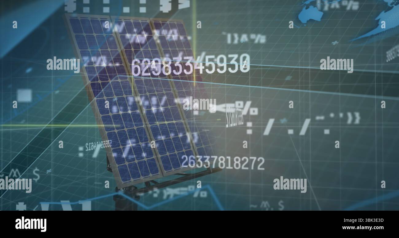 Showing solar panel array on frame merging with grid, numerical, world map overlays in VR interface Stock Photo