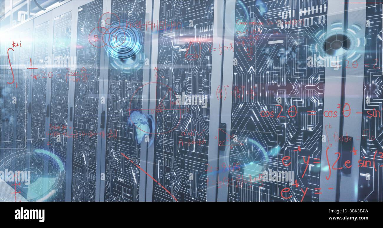 Displaying server cabinets featuring circuit panels in data center, floating red equations blue HUD Stock Photo