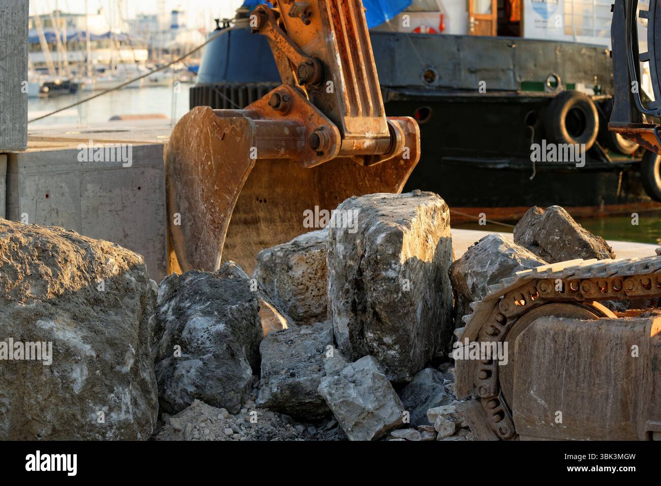 Large industrial interior with orange bulldozer inside Stock Photo