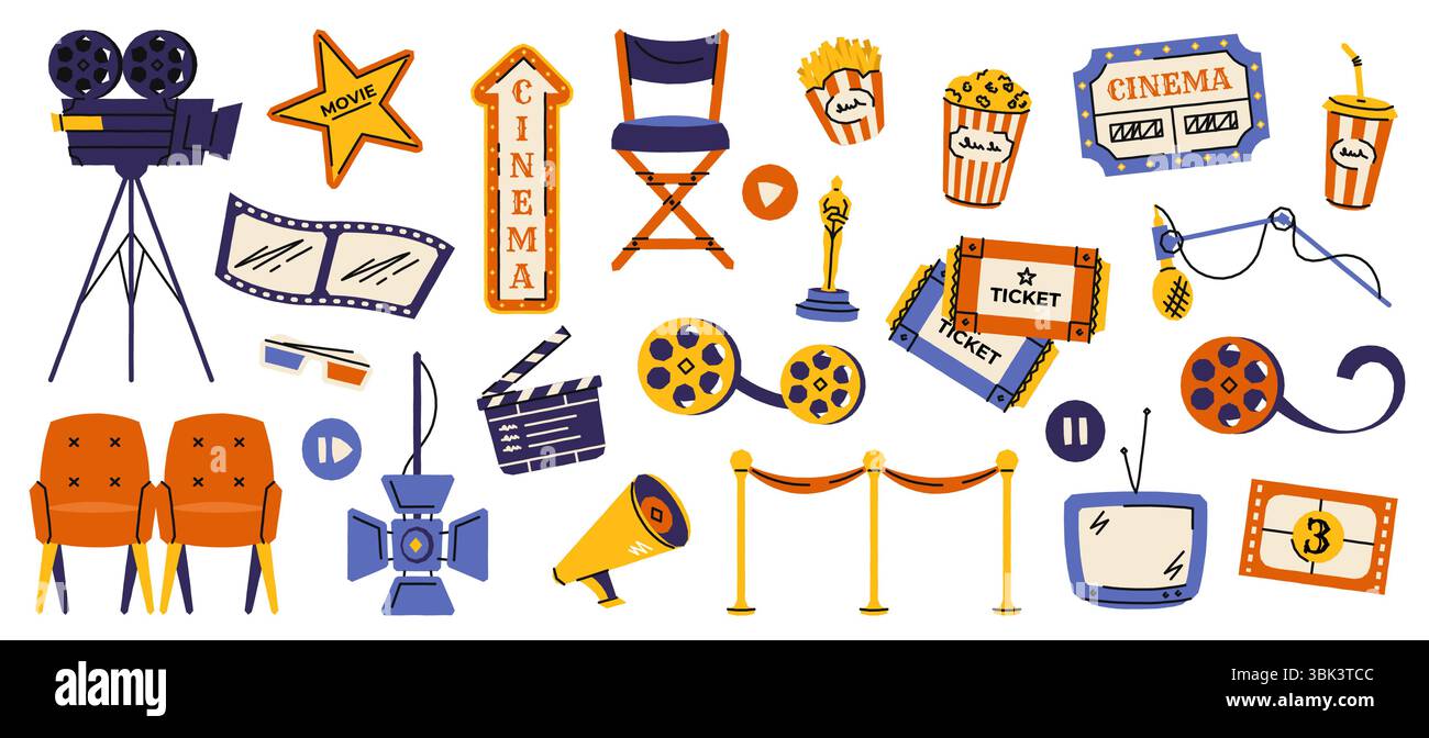 Cinema elements. Movie festival banner with film reel clapper board ...