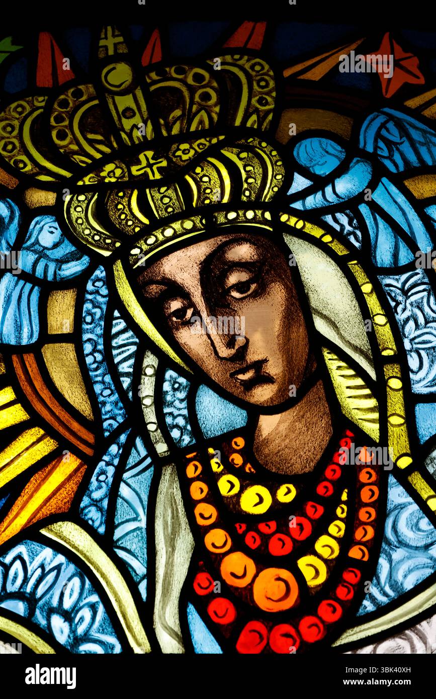 Catholic church. Stained glass window. The Black Madonna of Czestochowa ...