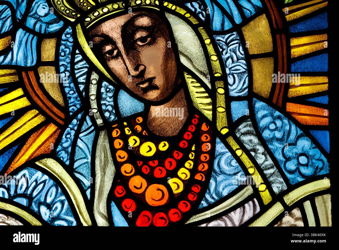 Catholic church. Stained glass window. The Black Madonna of Czestochowa ...
