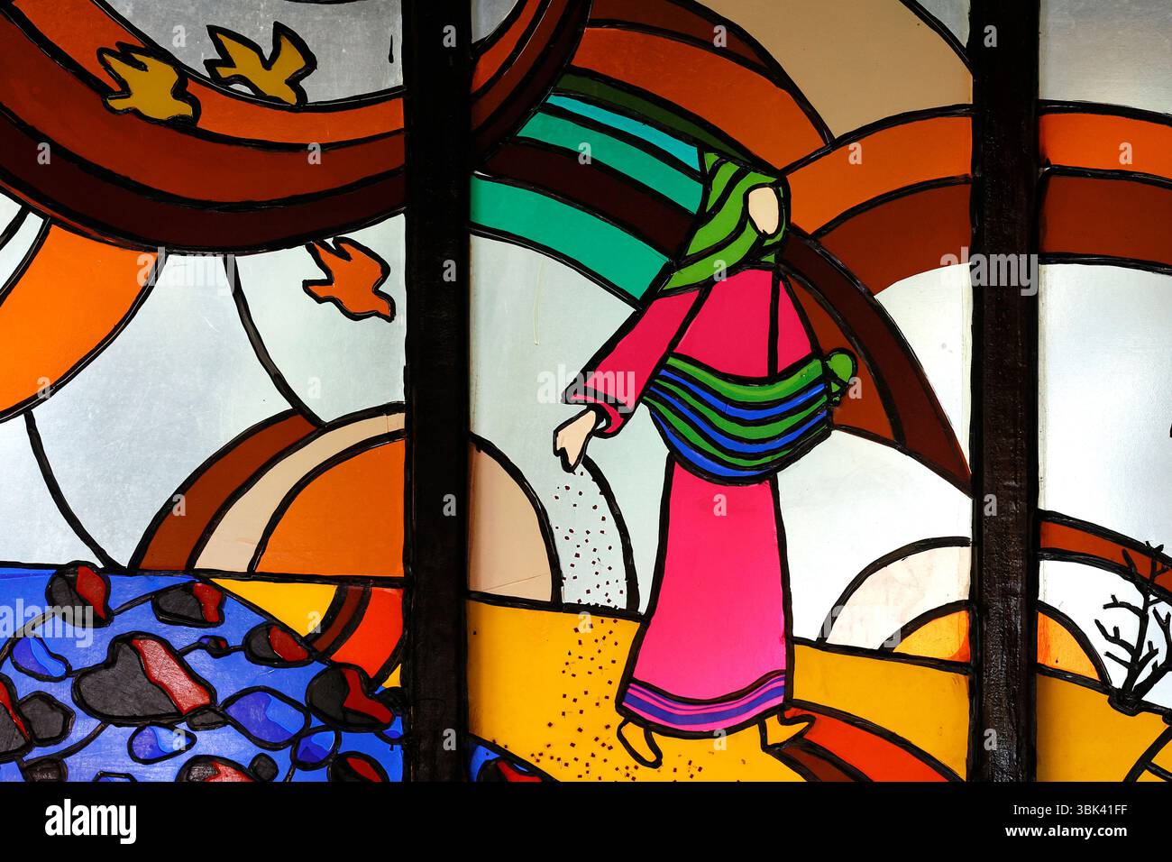 Kon Tum Cathedral, also known as Wooden Church. Stained glass window ...