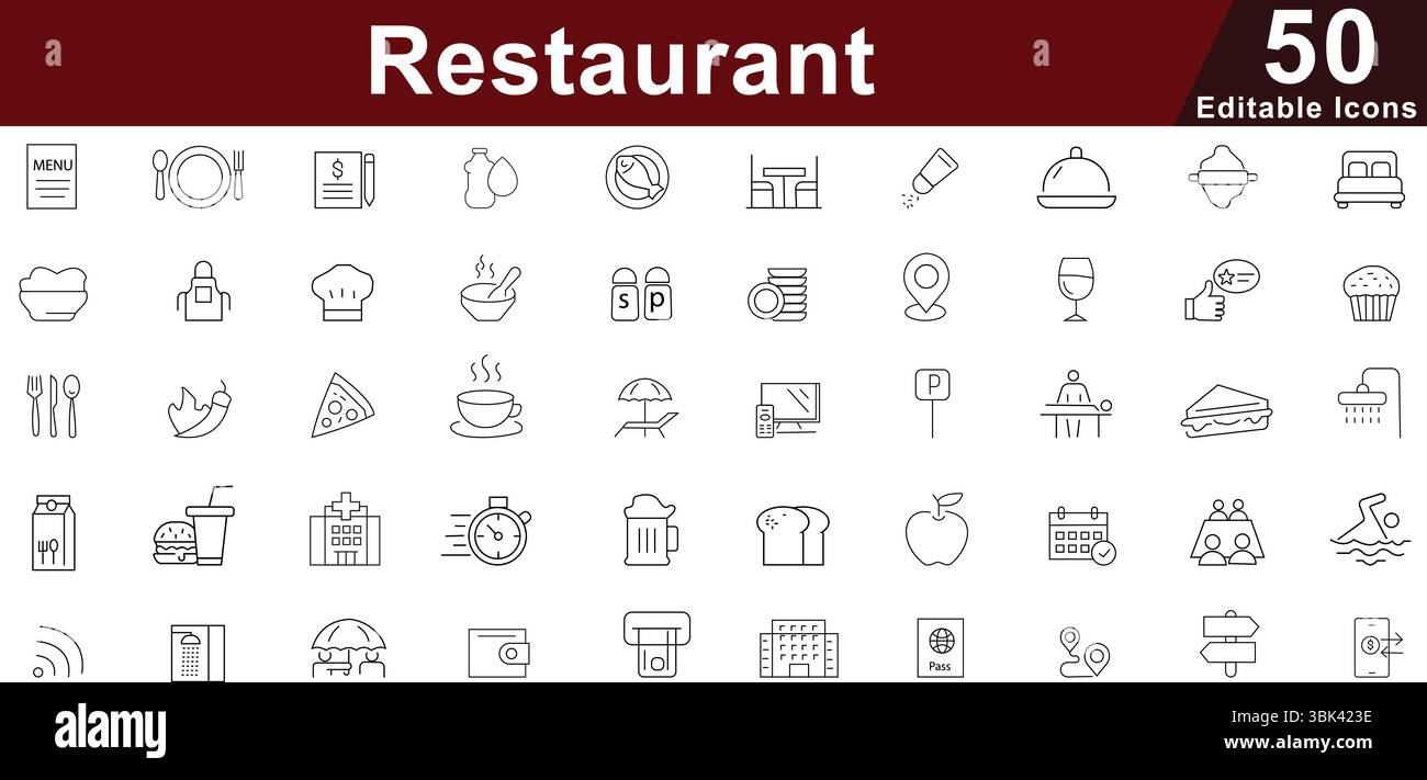 Restaurant Food Service Icon Set - 50 Editable Culinary Dining Icons for Menu, Kitchen and Hospitality Business Vector Collection Stock Vector