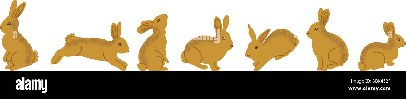 Set of cute brown rabbits in different poses including sitting, jumping ...