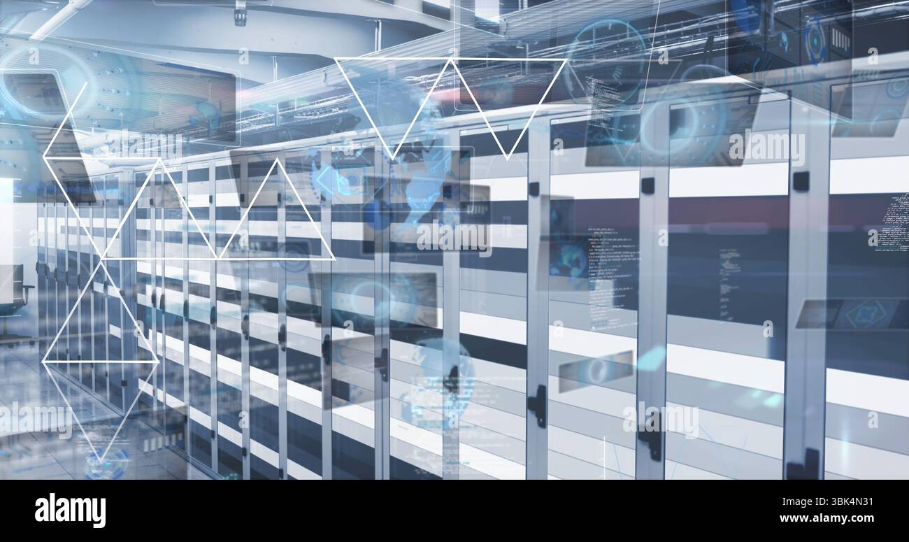 Highlighting server racks displaying data analysis in datacenter corridor, with digital overlays Stock Photo