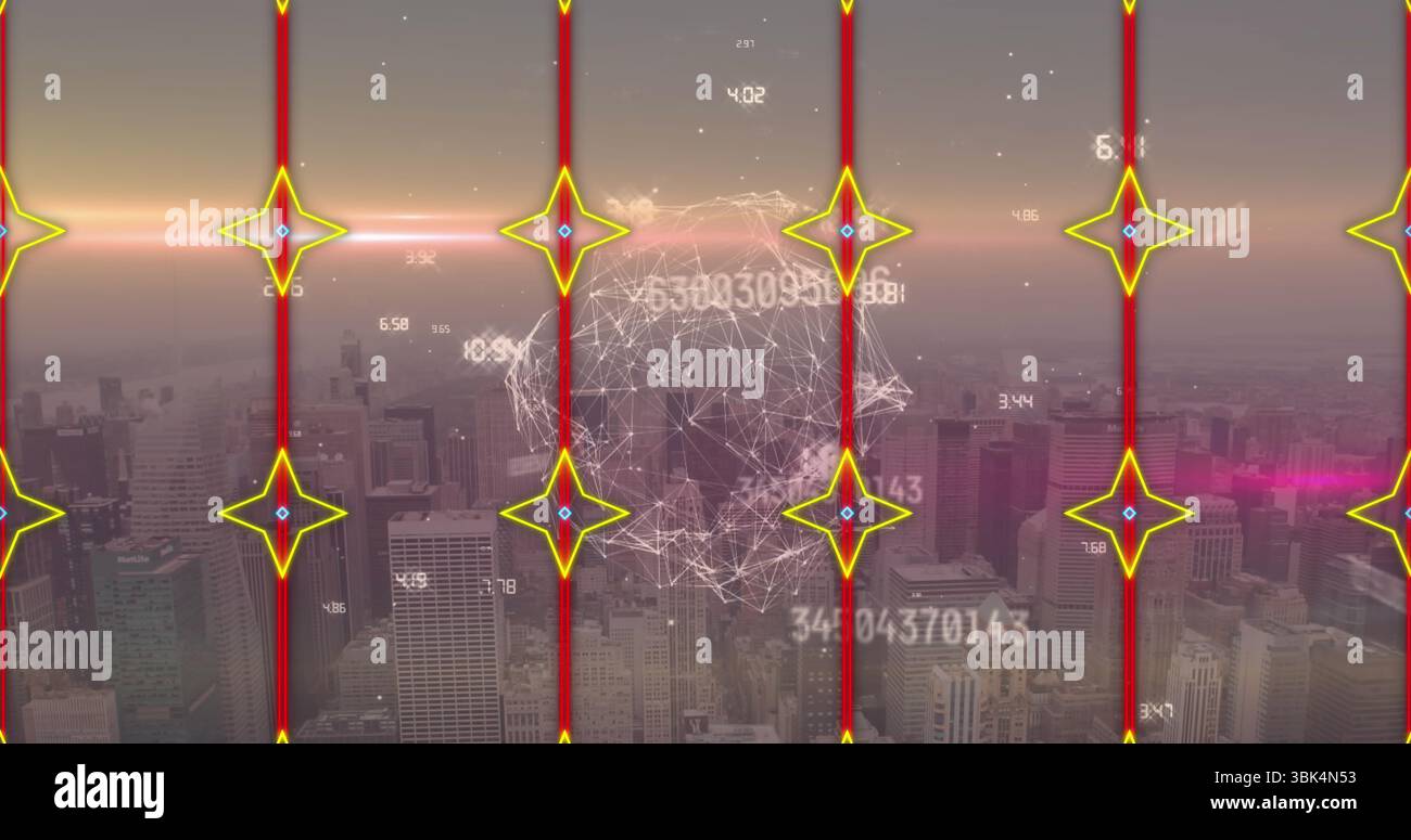 Wireframe globe hovering above skyline at dusk, with numeric data, grid lines, star markers Stock Photo