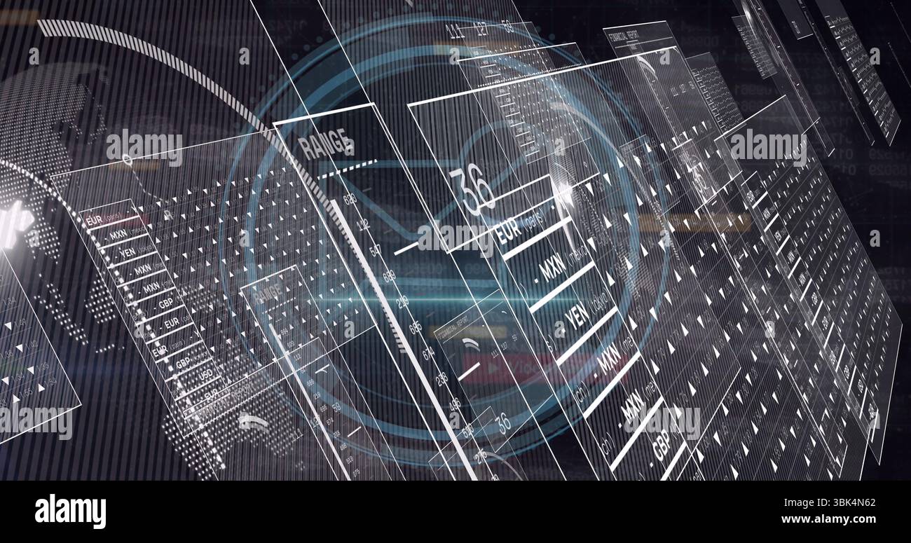 Floating translucent 3D panels in digital visualization space, showing currency code readouts Stock Photo
