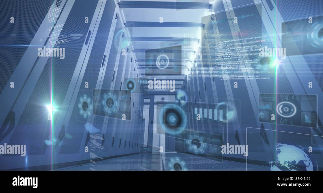 Displaying central data center corridor with server racks and floating holographic UI elements Stock Photo