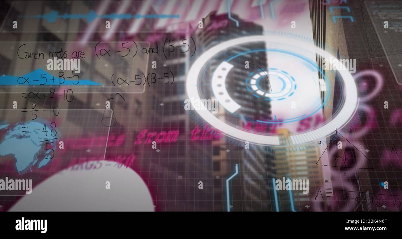 Hovering circular interface projecting equations over skyscraper at urban centre, with grid overlay Stock Photo