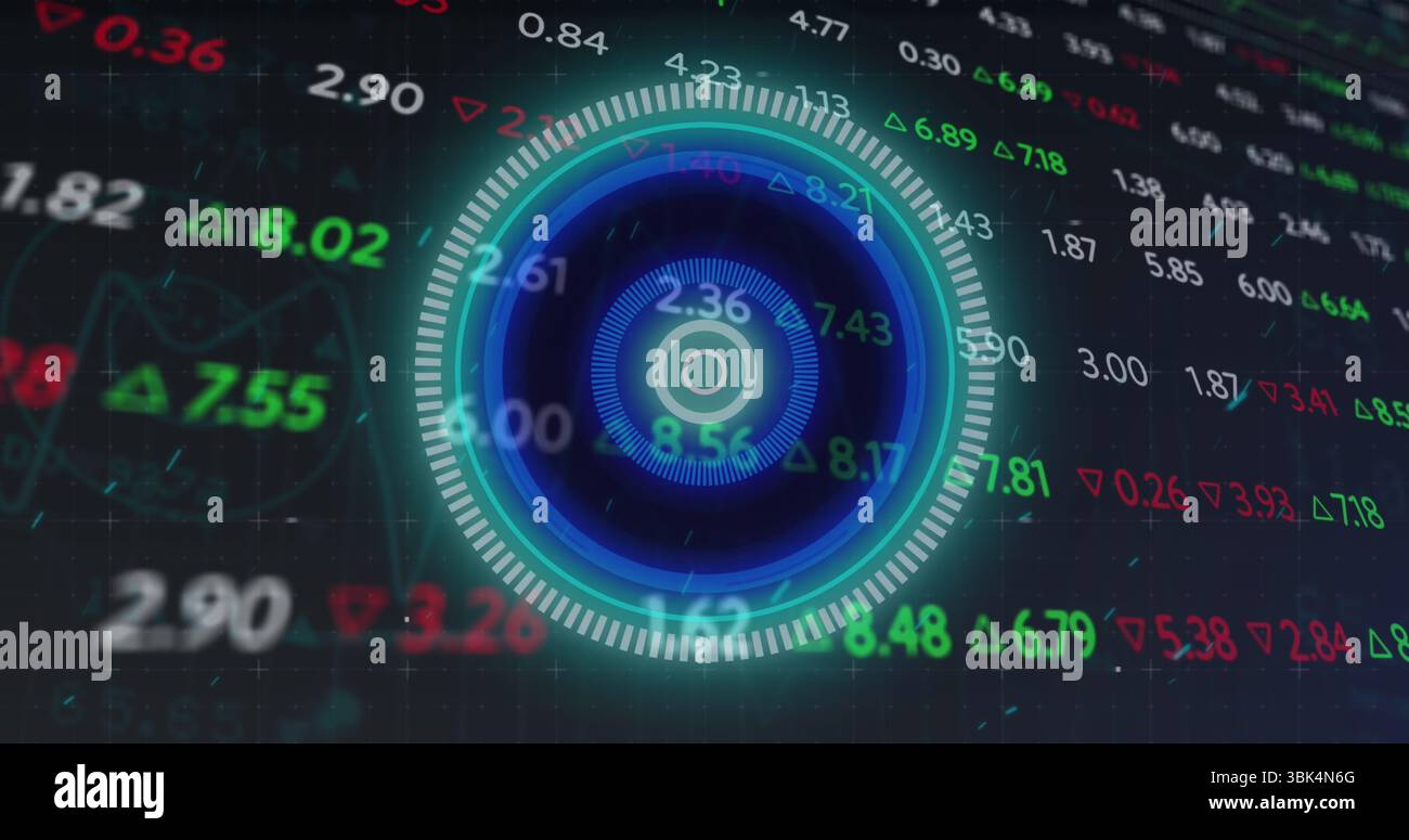 Showing concentric HUD rotating readouts on computer screen, with green ...