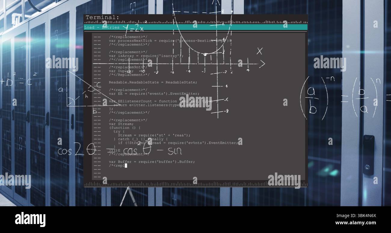 Displaying dark terminal window processing code and graph in data center, with racks and formulas Stock Photo
