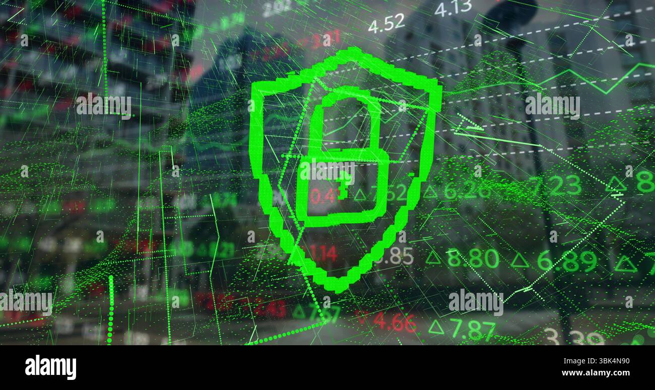 Displaying neon green shield showing padlock icon over financial district scene, with floating data Stock Photo