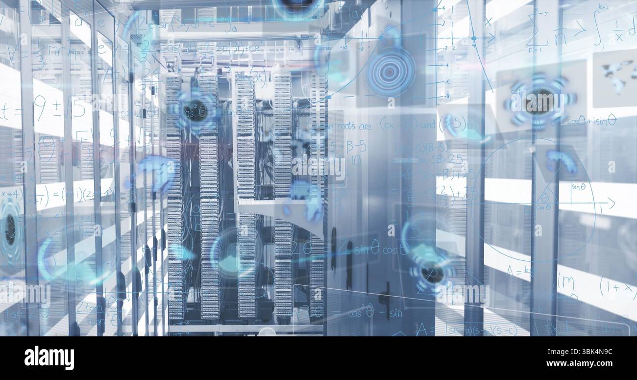 Displaying server racks projecting holographic equations in data center corridor, with LED lights Stock Photo