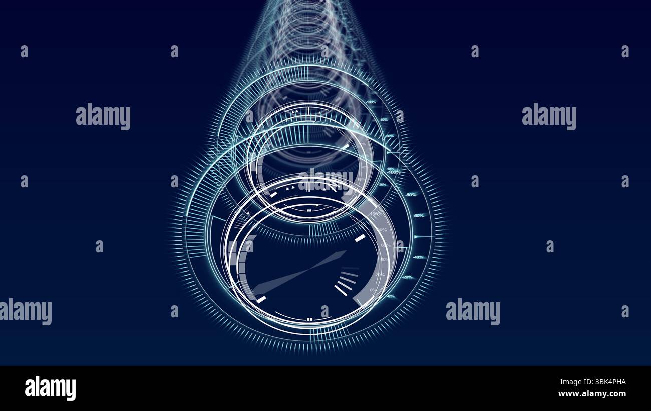 Displaying digital gauge circles on navy gradient with progress arcs, rings and numeric indicators Stock Photo