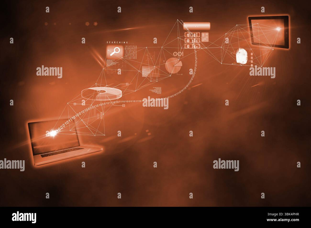 Network flow is showing laptop connecting to tablet in flat design with glowing binary code icons Stock Photo