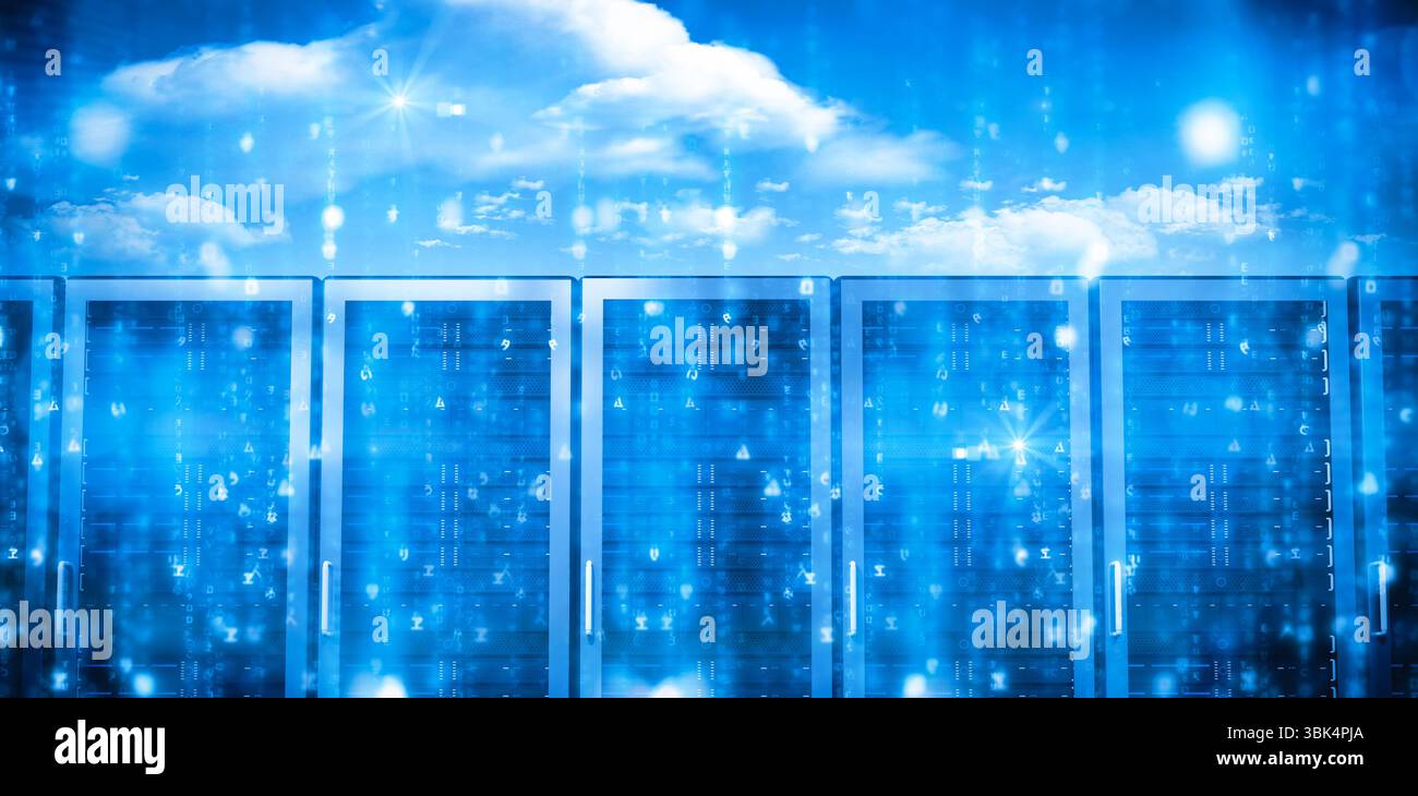 Stylized digital render is showing server racks glowing blue with cloud icons and streaming binary Stock Photo