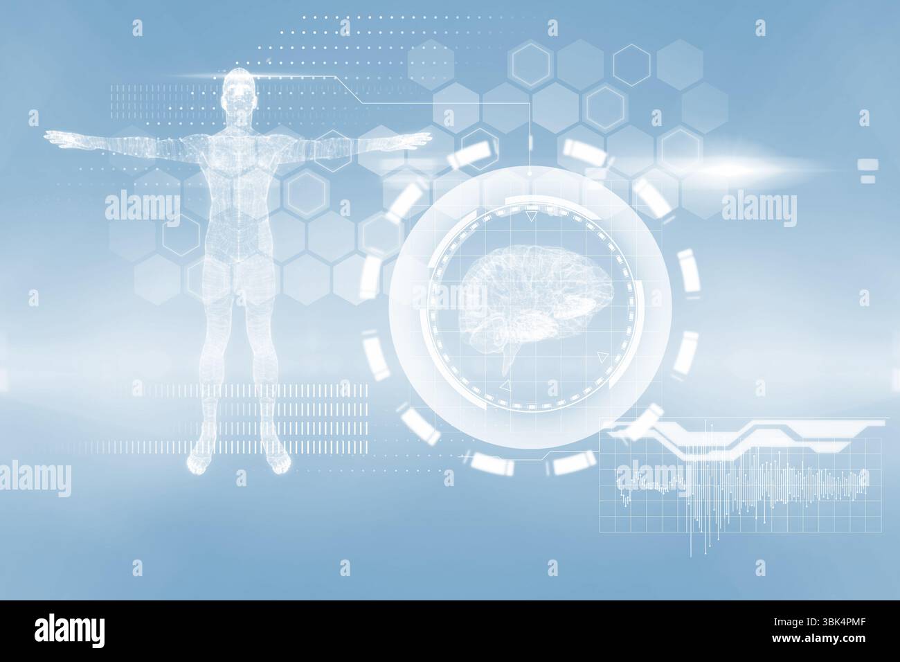 Displaying translucent wireframe human in T-pose with circular HUD, brain, hex data grid, charts Stock Photo