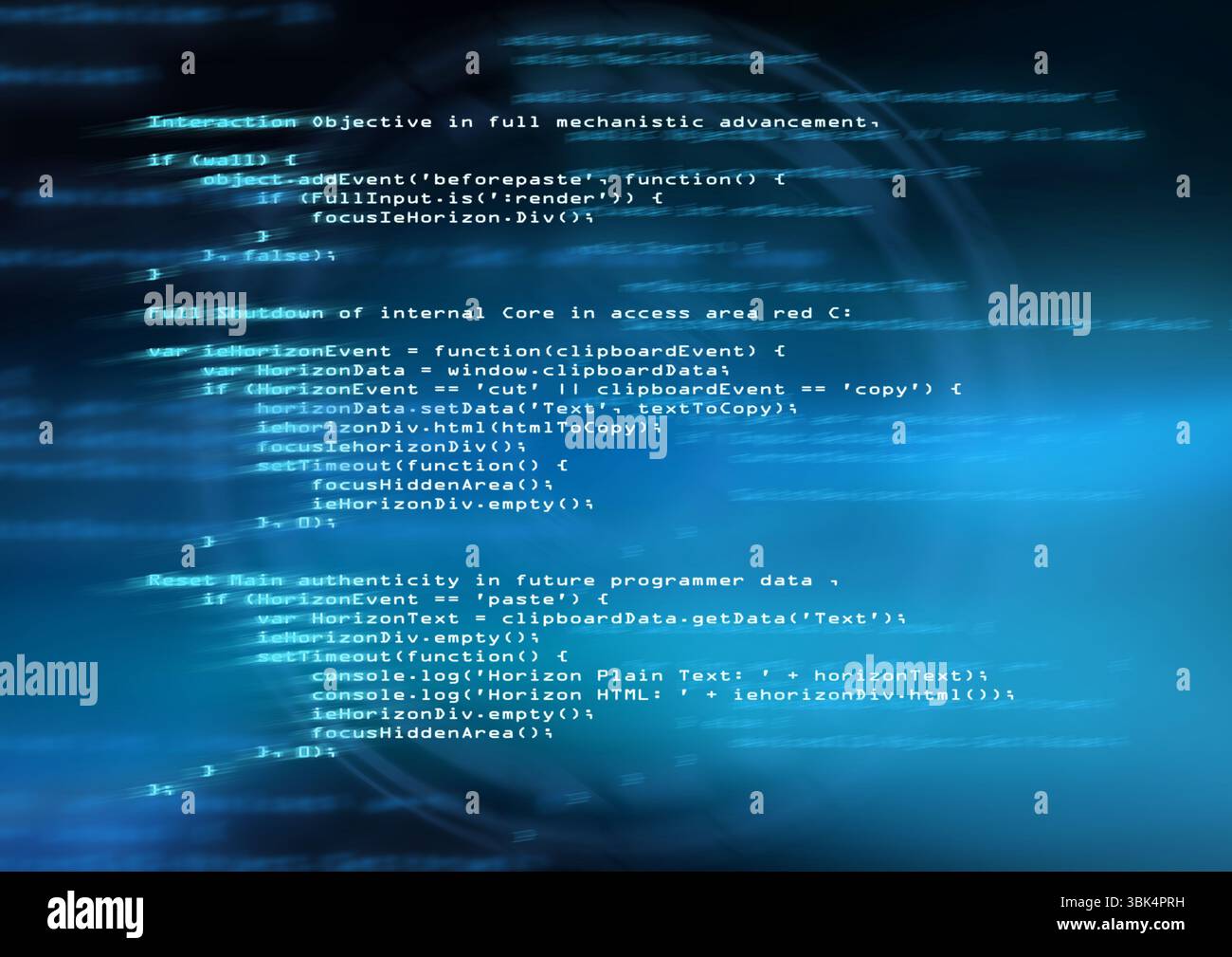 Clipboard code is floating on dark blue background, featuring glowing globe grid and light streaks Stock Photo