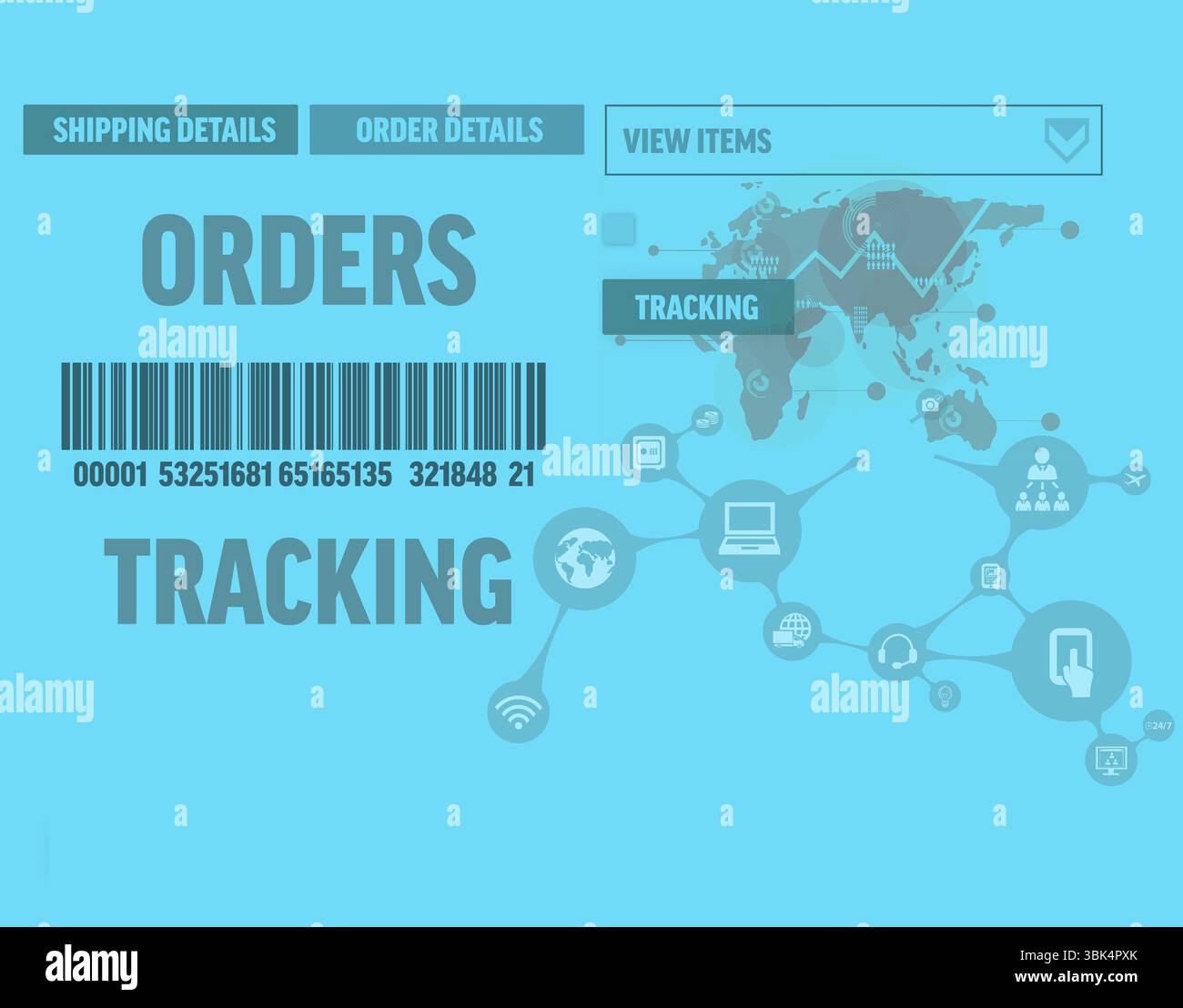 Flat design order tracking UI is showing barcode under ORDERS with menu buttons and map overlay Stock Photo