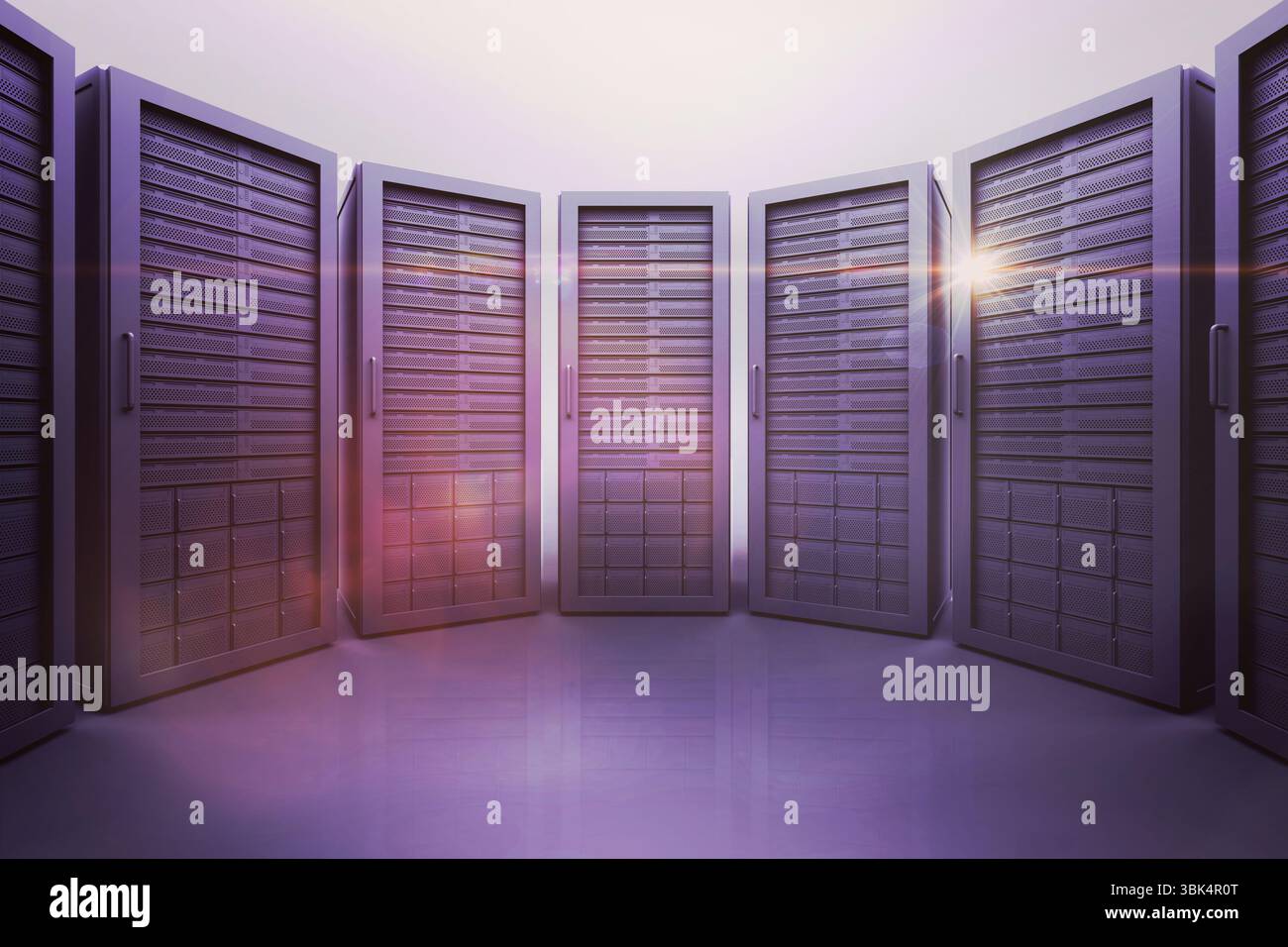 Platform Rack Render Seven server racks are standing in 3D render room with glowing purple ...