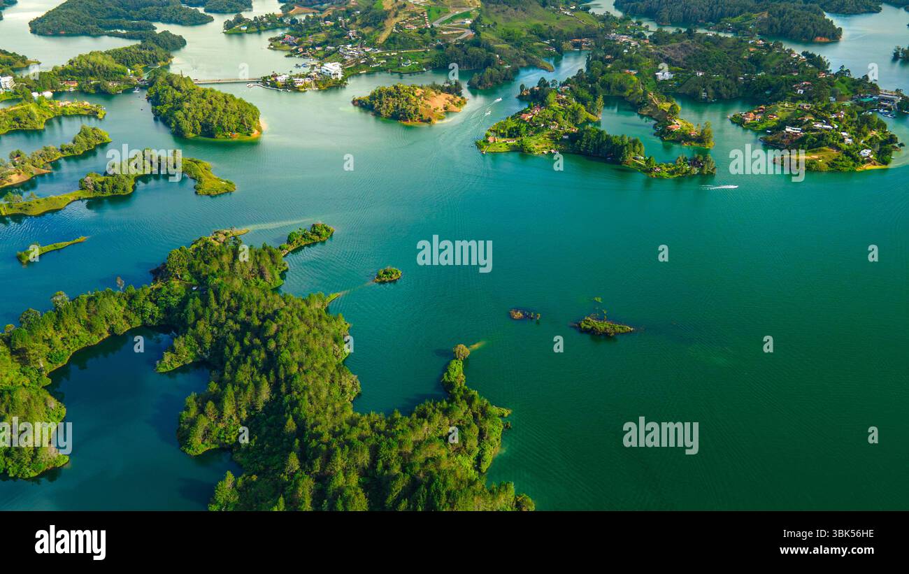 Stunning aerial view of the lush green islands in Guatape, Antioquia ...